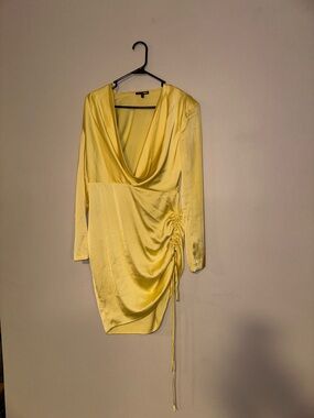 Yellow Satin Ruched Mini Dress with Cowl Neck